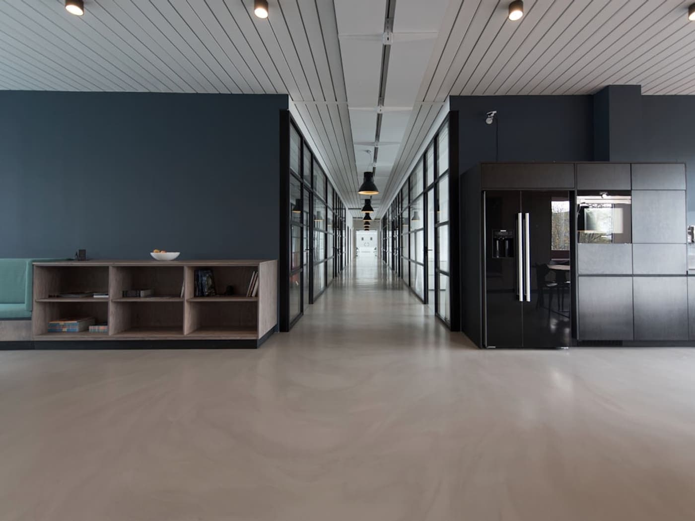 Clean modern office hallway and break area after commercial cleaning